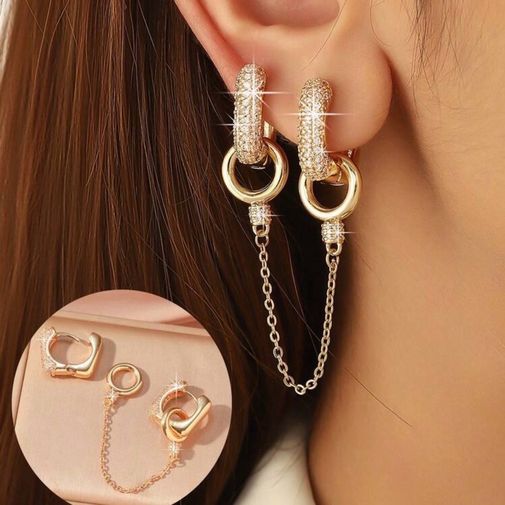 2/$30🌵 [ One Ear ] Gold Chunky Double Hoop Chain Dangle Earrings Thick Gift NEW